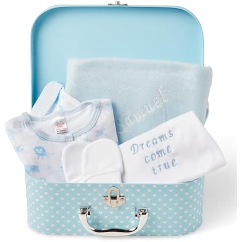 ellabellaboo Personalised Baby Boy Gifts - Newborn Baby Gift Hamper includes Personalised Fleece Baby Blanket and Embroidered Bodysuit along with Baby Clothes in a Blue Keepsake Box Cover