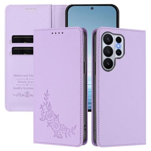 Étui en cuir pour Samsung Galaxy A73 5G couleur violet clair avec motifs floraux gravés