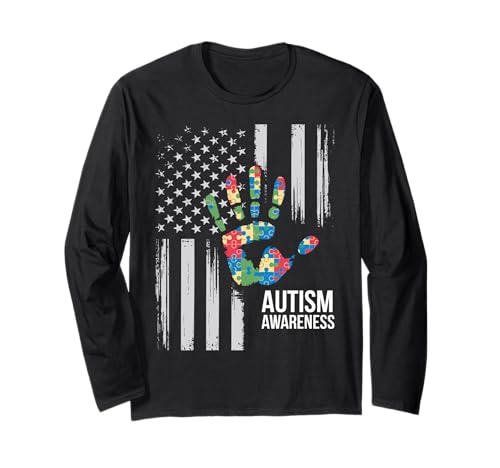 Autism Awareness Mom Dad USA flag Autistic Awareness Autism Manche Longue