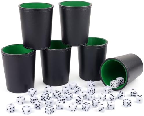 Gesserit Felt-gefüttertes Leder Würfelbecher-Set, 6 leise Würfelbecher mit 36 Würfeln für Bar-Party Yahtzee Farkle Würfelspiele, Schwarz und Grün