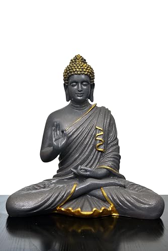 Image of Beautiful Sitting Buddha Idol Statue for Home & Garden Living Room | Healing Spirit Blessing Buddha Statue - 15 Inch Size (Grey+Gold)