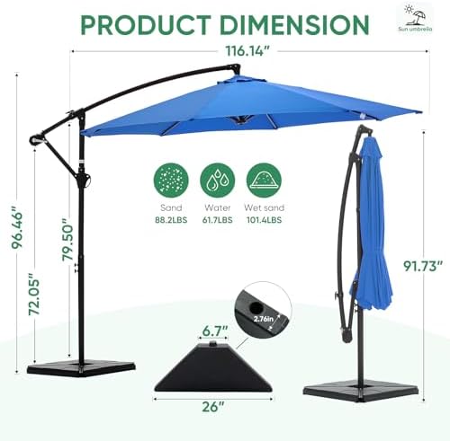 NEWBULIG 10FT Patio Umbrella with Base Included, Cantilever Umbrella, Blue — view 7