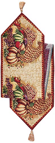 Violet Linen Fall Harvest Collection - Tapestry Cornucopia With Pumpkins And Fruits Design - 13" X 70" Table Runner #TOP5