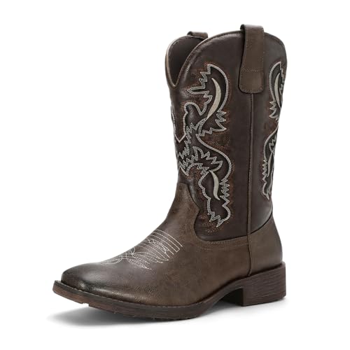 Men's Western Cowboy Boots - Square Toe Embroidered Side Zipper Boots, Slip Resistant Low Stable Heel All Day Comfort No Break-In Country Boots for Casual Work Daily Wear Line Dancing, Wide Feet Friendly