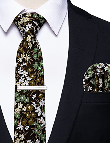 Image of YourTies Cotton Floral Tie for Men 2.5 inch Printed Skinny Necktie Pocket Square Tie Clip Set Flower Wedding Party Groom