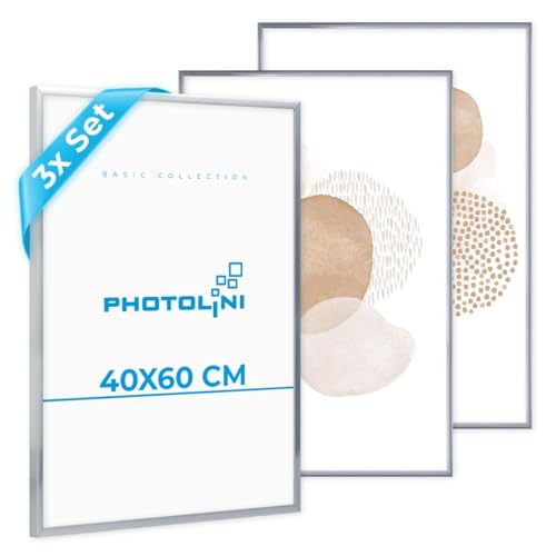 PHOTOLINI Cadre photo 40 x 60 cm argenté, lot de 3 cadres en plastique étroits, verre acrylique, à suspendre, avec accessoires - pour documents, diplômes, certificats et photos