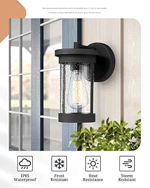 Ken & Ricky Outdoor Wall Light Fixture, Black Exterior Light Fixture, Modern Outdoor Wall Sconce with Seeded Glass for Porch Patio Garage Garden Front Door Entryway - 2 Pack