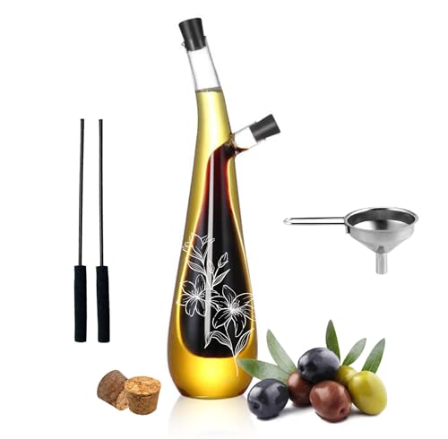 wishamotherwould Oil and Vinegar Dispenser Bottle - Handblown Glass with Elegant Floral Etched Design - Premium Glass Salad Dressing Bottle - Olive Oil and Vinegar Dispenser Set - 12 oz