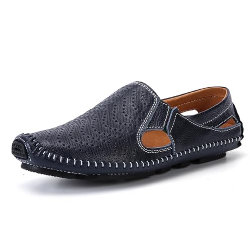 Image of Men's Breathable Summer Genuine Leather Sandal Perforated Casual Walking Driving Flats Shoes