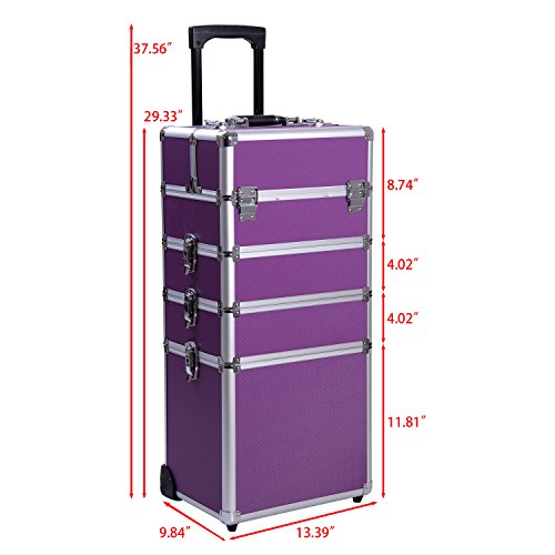 Ollieroo 4 in 1 Aluminum Rolling Cosmetic Makeup Train Cases Trolley Professional Artist Train Case Organizer Box Lift Handle Lock 2 wheel 2 Keys Each Layer Total 8 Keys Purple - Thumbnail 3