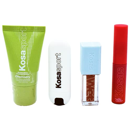 Kosas Clean Start 4 Piece Set - LipFuel Lip Balm Baseline, Wet Lip Gloss Dip, Big Clean Mascara Black, Chemistry Deodorant Serene Clean