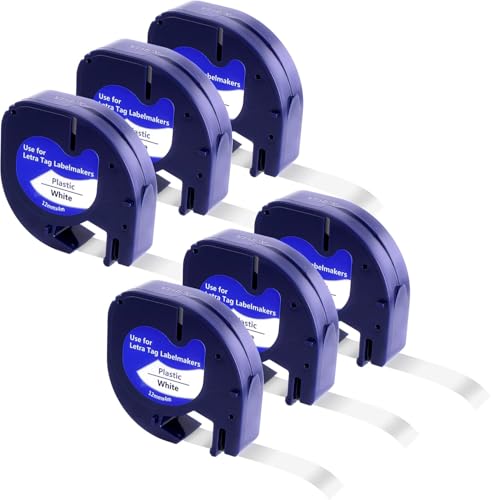 6x Kompatibel mit Dymo Letratag Etikettenband, Plastic White Band 12mm x 4m für Dymo Letratag XR Etikettenband Beschriftungsgerät Bänder für LT-100H LT-100T XM 200B Schwarz auf Weiß 91221