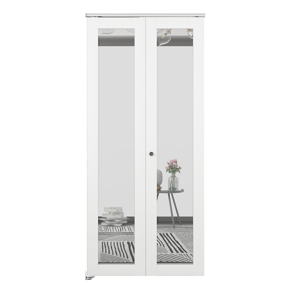 24 in. x 80 in. Mirrored Glass Solid Core White Composite Bi-fold Door with Hardware Kit and Door Handle