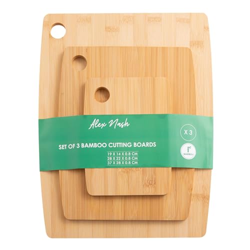 Alex Nash Bamboo Chopping Boards – Set of 3 Wooden Cutting Boards for Kitchen, Meat & Vegetables – Eco-Friendly and Durable Serving Trays for Cheese & Charcuterie – Small, Medium & Large