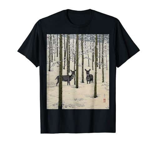 鹿 奈良市 日本 森 雪 冬 吉田遠志 アスピンにて 創作版画 日本美術 浮世絵 Tシャツ 鹿 奈良市 日本 森 雪 冬 吉田遠志 アスピンにて 創作版画 日本美術 浮世絵 Tシャツ