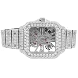 USDIAMONDKING Real Genuine Certified 24.76 CWT. VVS/D Moissanite Diamond 14K Gold Finish Luxury Automatic Skeleton Dial Men's Steel Custom Designer Watch (White Gold Finish)