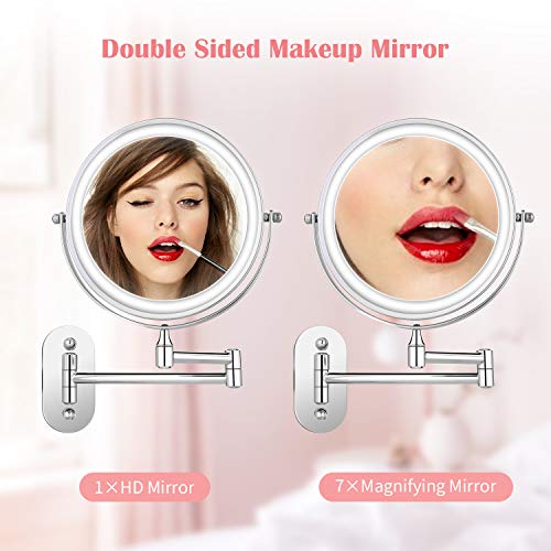 Himimi LED Wall Mounted Makeup Mirror, Double Sided Swivel Vanity Mirror, Touch Button Adjustable Light, Stainless Steel, Shaving in Bedroom or Bathroom, 8 inch, 4 x AAA Batteries (not Included)