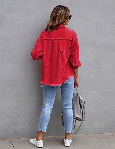 Perbai Womens Oversized Ripped Denim Jacket Frayed Hem Button Front Boyfriend Jean Coat Western Shacket with Pockets2