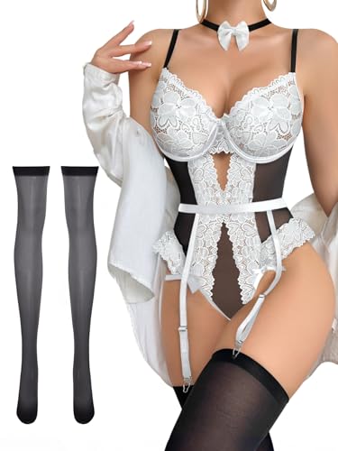 Image of Lilosy Sexy Stocking Lace Mesh Bodysuit Top Underwire Garter Lingerie Set 3 Piece