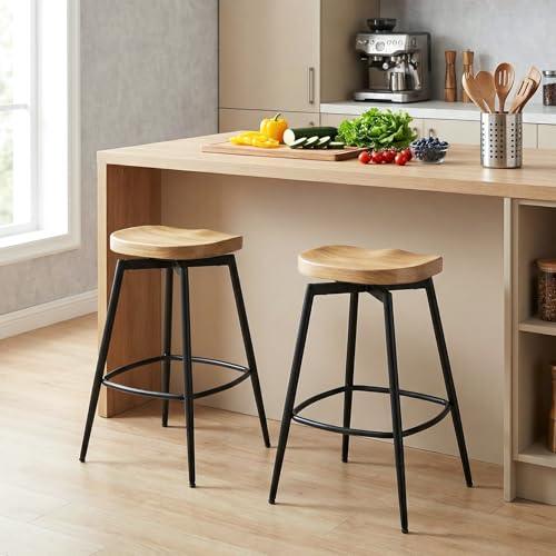 Image of 25'' Solid Wood Saddle Stools Set of 2, Swivel Counter Height Bar Stools Backless, Wooden Bar Stools with Metal Legs and Ergonomics Seat for Kitchen Island, Unstained Raw Wood