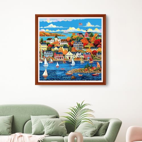 Image of Hopeart Stamped Cross Stitch Kits for Beginner Embroidery Kits for Beginners Adults DIY 11CT Cross Stitch Patterns Needlepoint Kits Crossstitching Kits-Seaside Scenic 18x18 inchs