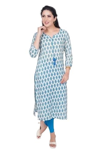 Women's Pure Cotton Printed Straight Kurti || | Ethnic Wear Ethnic Wear 3/4 Sleeve V-Neck Plain Kurti for Women & Girls || Printed Kurta (Blue)