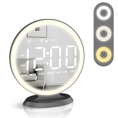 Round Mirror Lighted Digital Alarm Clock, Mirror Surface for Makeup, Large Display, Easy Setting, Auto DST, Auto Dimming, USB Port, Modern Decor for Home, Bedroom, Office, Gift for Women, Girl, Black