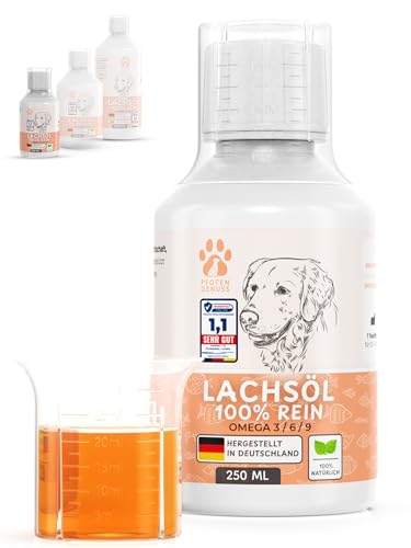 Pfotengenuss Lachsöl für Hunde Katzen &Pferde - natürliche Omega 3, 6 & 9 Quelle - für Gelenke Fell&Stoffwechsel - frisch abgefüllt in Deutschland - natürliches, hochdosiertes Lachs-Öl - Barf-Öl