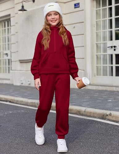 Image of Arshiner Girls 2 Piece Outfits Sweatsuit Half Zip Sweatshirt and Sweatpants | Fall Winter, Drop Shoulder Long Sleeve, Thumbhole Hoodies, with Sweatpant, Jogger Set, Sweat Set, Tracksuits with Pockets