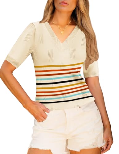 Zeagoo Womens Short Sleeve Sweaters Soft Casual V Neck Pullover Tops Lightweight Knit Sweater Blouse