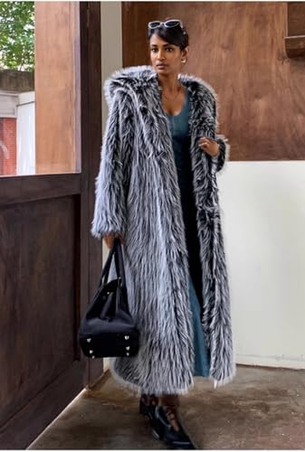 Women's Long Ankle Length Faux Fur Coat Winter Soft Fur Overcoat Jacket Outwear Sweater With Hat3