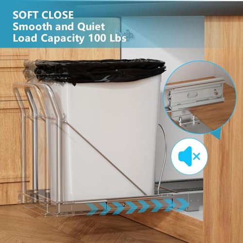 Pull-Out-Trash-Can-Under-Cabinet-w-Soft-Close-Stainless-Handle-Chrome-Heavy-Duty-Under-Sink-Pull-Out-Kit-Adjustable-Tail-Groove-For-7-13-Gal-Can-Requires-13W-x-18D-Cabinets-Bin-Not-Included