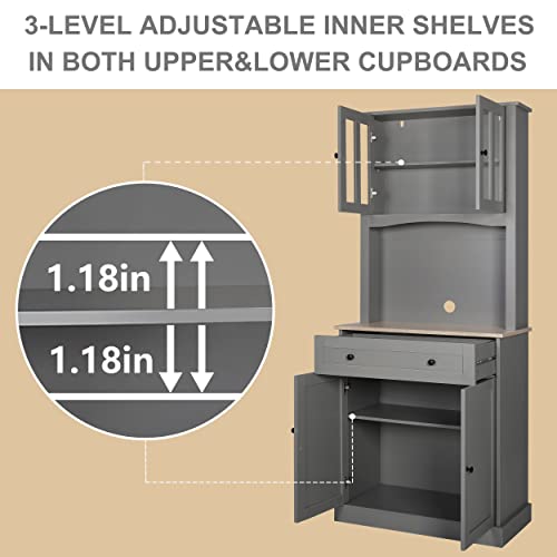 Veikou 72" Kitchen Pantry With Buffet Hutch, Freestanding Pantry Storage Cabinet W/Adjustable Shelves & Glass Doors, Tall Kitchen Storage Cabinets With Upgraded Metal Hinges, Grey #TOP5