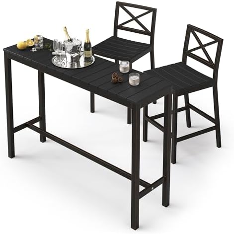 3-Piece Outdoor Bar Set With Table, 2 Stools & Cover – 55\" Rectangular High-Top Table For Patio, Deck, Balcony