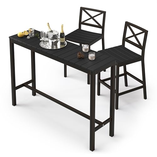 Cozyman Outdoor Bar Height Table and Chairs Set, 3 Piece Black Top and Bronze Leg Patio Pub Bar Set with 55