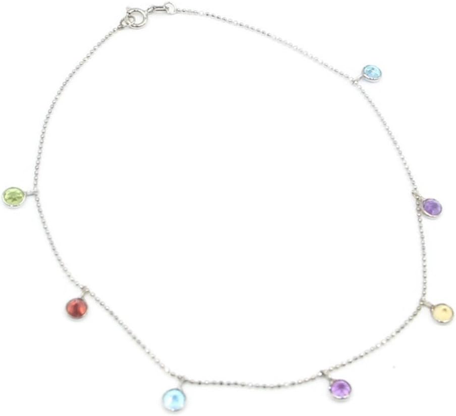 Sophia Fine Jewelry Multi-Color Gemstone Charm 10" Anklet,14k White Gold Cable Chain