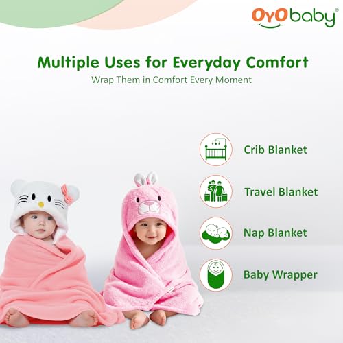Image of OYO BABY Fleece Newborn Baby Blanket Combo - Hooded Baby Wrapper with Funny Cap, Bath Towel & Blanket (0-12 Months, 84x80 + 72x68), Pack of 2 - Pink Kitty & Rabbit