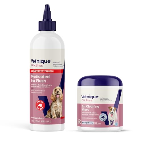 Vetnique Oticbliss Medicated Ear Flush and Oticbliss Advanced Cleaning Ear Wipes Ear Care Products Bundle for Dogs & Cats, Cleansing Ear Flush & Drying Ear Wipes for Itchy Ears
