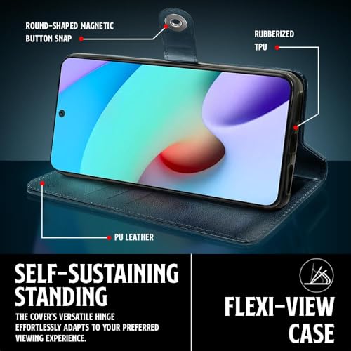 Image of WOW IMAGINE Shock Proof Flip Cover Back Case for Xiaomi Mi Redmi 10 Prime (Magnetic Button Flip Case | Wallet Pockets & Stand | Leather Finish | Oxford Blue)