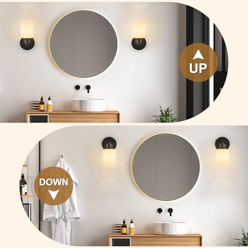 Image of 2-Pack, 1-Light Vanity Lights, Matte Black Bathroom Light Fixture with Textured Milky White Glass Shade, E26 Modern Vanity Lighting Fixture for Bathroom Wall Sconce