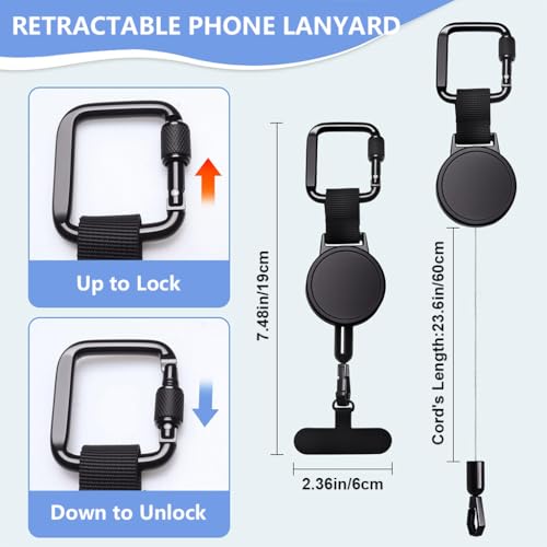 Image of ZORBES23.6in Telescopic Phone Holder with Metal Carabiner & Swivel Tether Tab, Steel Wire Extendable Cell Phone Mount Multipurpose Badge Holder ID Card Holder for Backpack, Keyring, Outdoor Use