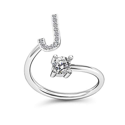 HUJUON Silver Initial Letter Ring for Women. Adjustable Crystal Alphabet Ring,Name Initials Stackable Knuckle Rings A-Z CZ Open Ring