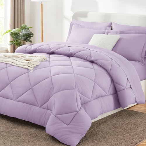 Image of CozyLux Queen Comforter Set Light Purple - Bed in a Bag Queen Size 7 Pieces, Luxury Soft Lavender Bed Set for All Seasons, Bedding Set with Down Alternative Comforter, Sheets, Pillowcases & Shams