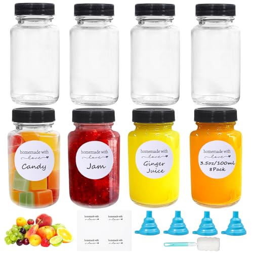 Amentalove 8 Pièces 100ml Mini Bouteille Verre, Petite Bouteille en Verre, Bouteilles jus, Bouteilles en verre, Réutilisable Mini bouteille shot avec...