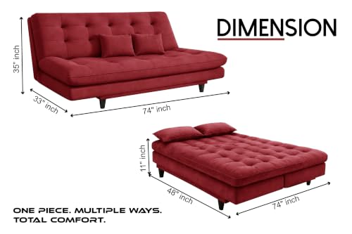 Image of 3-Seater Velvet Sofa Cum Bed | Tufted Convertible Sleeper Sofa | Plush Cushioned Seating | Space-Saving Design for Living Room, Bedroom & Office | Red