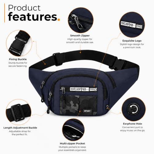 Image of Waist Bag for Man & Woman | Travel Handy Hiking Running Pouch with Zipper | Adjustable Strap Fanny Pack for Documents Money Card Phone Earphone (Neavy Blue)
