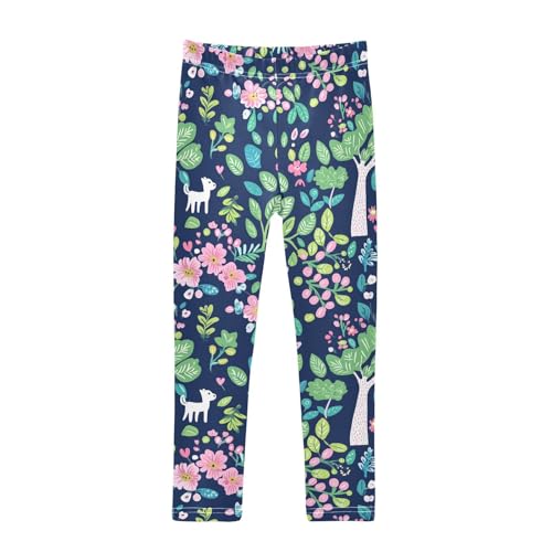 Flower Leaf Tree White Dog Girls Casual Leggings for Kids Printed Long Pant Bottoms Stretch and Soft