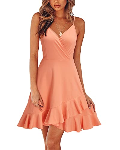 ULTRANICE Damen Sommerkleider Einfarbig Kleid V-Ausschnitt Strandkleid Verstellbaren Spaghettiträger Rüschen Freizeitkleid(Peach,S)