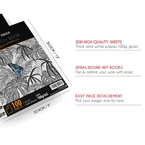 Zenacolor - Professional 200 Sheets Sketch Book 9"X12" With Spiral Bound And Hardback Cover - Pack Of 2 - White Acid-Free Drawing Paper (100 G) #TOP2