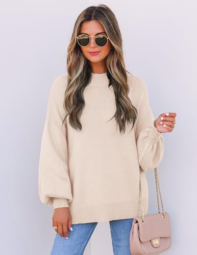 ZESICA Women's Casual Turtleneck Long Lantern Sleeve Fall 2025 Oversized Ribbed Knit Pullover Sweater Jumper Top3